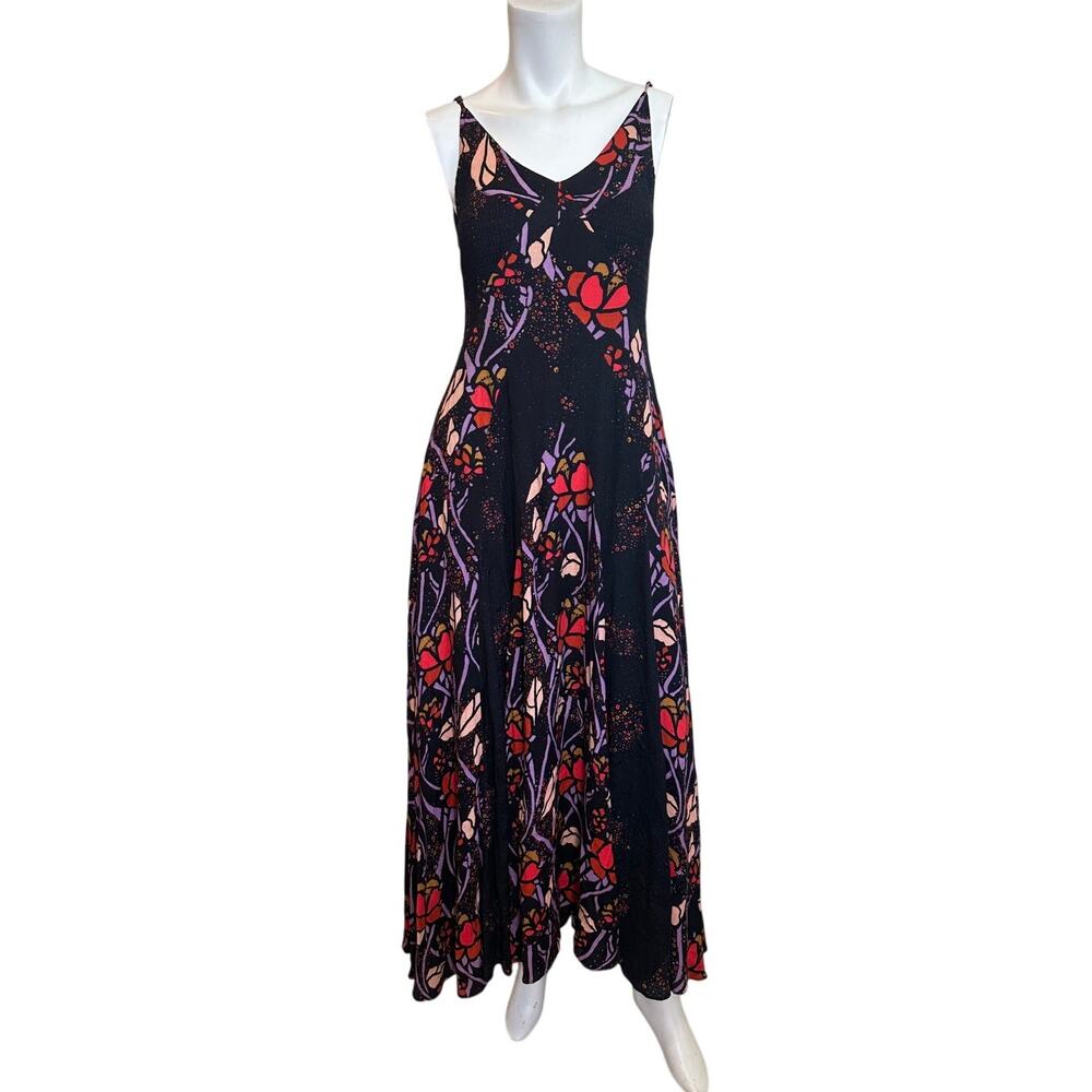 Free People Floral Smocked Maxi Dress XS Black Pink Purple Boho Stretch - Picture 2 of 14